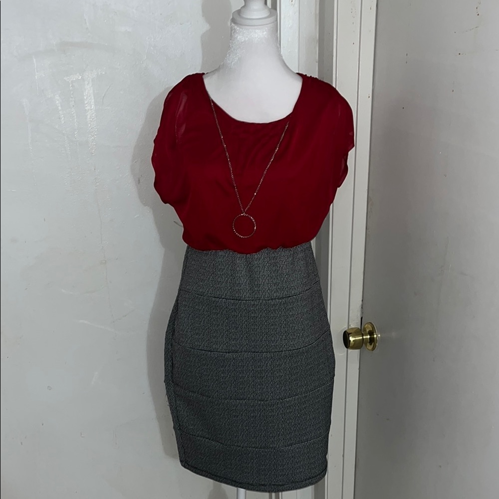Chic Red Top and Gray Skirt Ensemble
